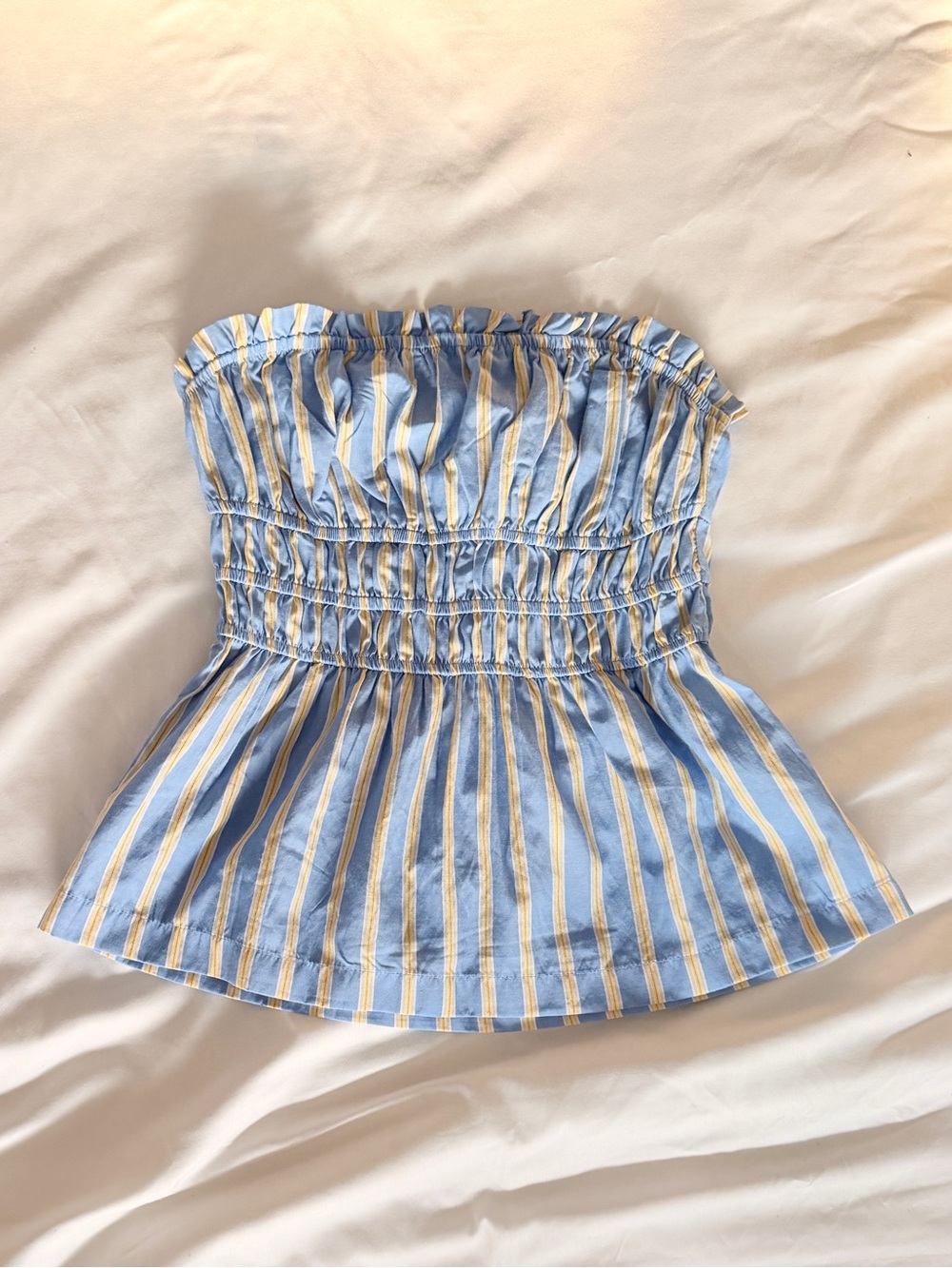 stradivarius Blue and Yellow Striped Strapless Smocked Peplum Camisole